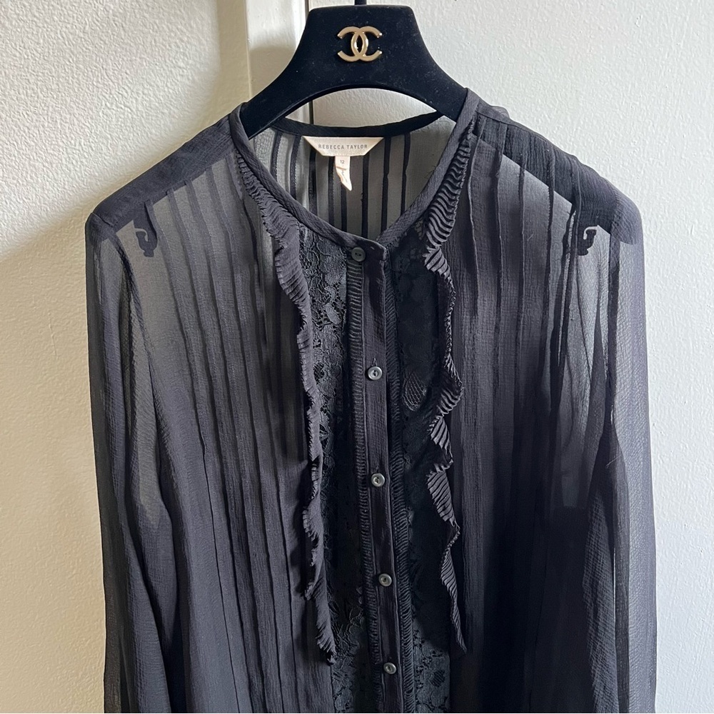 Rebecca Taylor Black Crewneck Long Sleeves Ruffled Button Up Sheer Blouse 12 - Picture 7 of 12